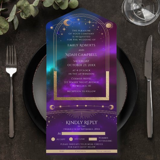 Kosmische Paarse Blauwgroen Gouden Zon Maan Astron All In One Uitnodiging