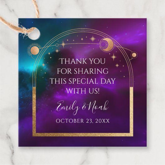 Kosmische Paarse Blauwgroen Gouden Zon Maan Astron Bedankjes Labels (Voorkant)