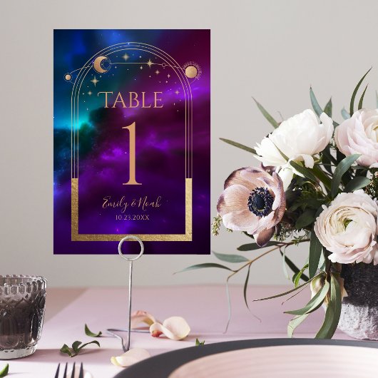 Kosmische Paarse Blauwgroen Gouden Zon Maan Astron Kaart