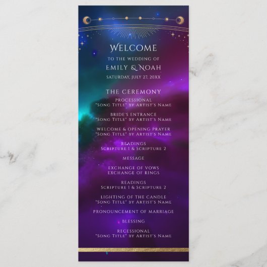 Kosmische Paarse Blauwgroen Gouden Zon Maan Astron Programmakaart (Voorkant)