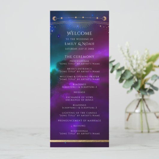 Kosmische Paarse Blauwgroen Gouden Zon Maan Astron Programmakaart (Staand voorkant)