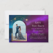 Kosmische Paarse Blauwgroen gouden Zon Maan Astron Save The Date (Voorkant)