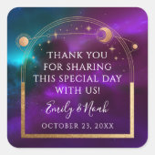 Kosmische Paarse Blauwgroen Gouden Zon Maan Astron Vierkante Sticker (Voorkant)