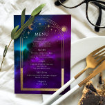 Kosmische Paarse Blauwgroen Gouden Zon Maan Sterre Menu<br><div class="desc">Kosmische Paarse Blauwgroen gouden zon Moon Stars Space Wedding Menu Kaarten beschikt over een gouden zon, maan en sterren lijst op een kleurrijke mystieke paarse, blauwgroen en blauwe kosmische achtergrond met uw menu details in het centrum in modern gouden kalligrafie script. Personaliseer door de tekst in de tekstvakken te bewerken....</div>