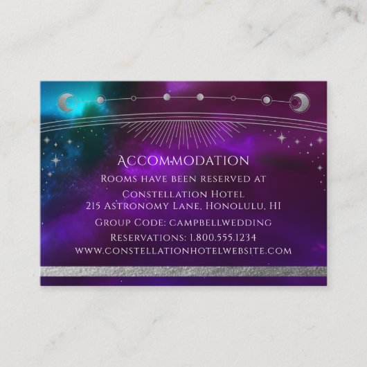 Kosmische Paarse Blauwgroen Silver Sun Moon Accomm Informatiekaartje (Voorkant)