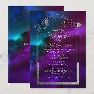 Kosmische Paarse Blauwgroen Zilveren Zon Maan Astr Kaart