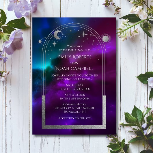 Kosmische Paarse Blauwgroen Zilveren Zon Maan Astr Kaart