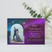 Kosmische Paarse Blauwgroen Zilveren Zon Maan Astr Save The Date (Staand voorkant)