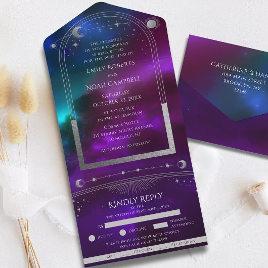 Kosmische Paarse Blauwgroen Zilveren Zon Maan Huwe All In One Uitnodiging