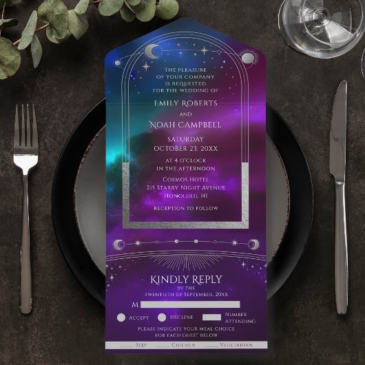 Kosmische Paarse Blauwgroen Zilveren Zon Maan Huwe All In One Uitnodiging