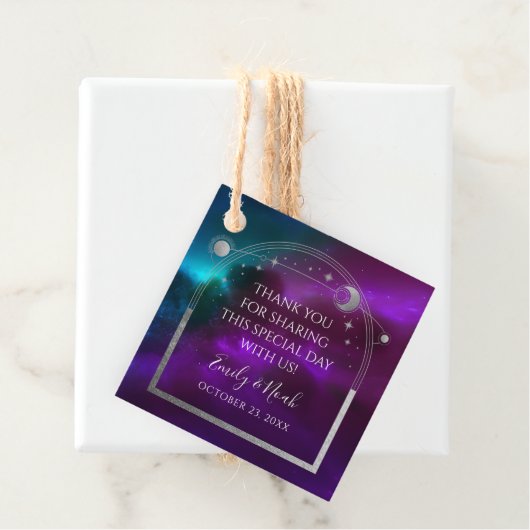 Kosmische Paarse Blauwgroen Zilveren Zon Maan Huwe Bedankjes Labels (In situ)