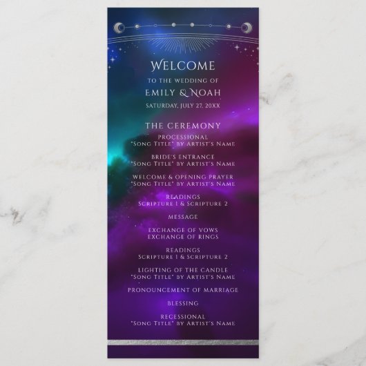 Kosmische Paarse Blauwgroen Zilveren Zon Maan Huwe Programmakaart (Voorkant)