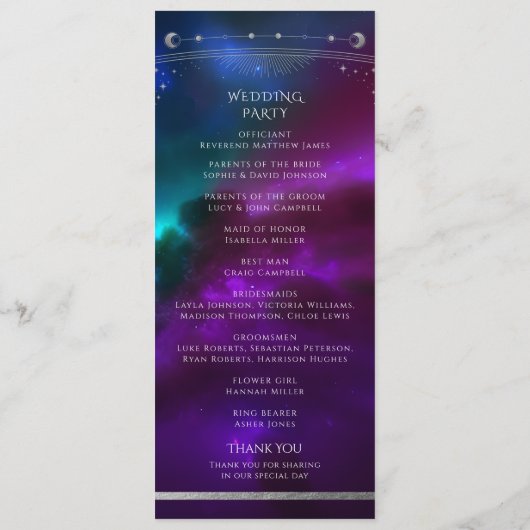 Kosmische Paarse Blauwgroen Zilveren Zon Maan Huwe Programmakaart (Achterkant)