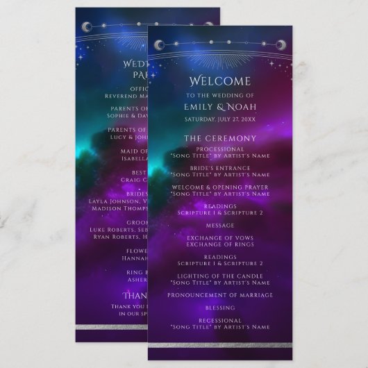Kosmische Paarse Blauwgroen Zilveren Zon Maan Huwe Programmakaart (Voorkant / Achterkant)