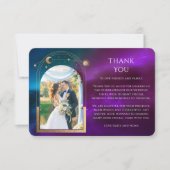 Kosmische Paarse Blauwgroen Zon Maan Sterren Fotob Bedankkaart (Voorkant)