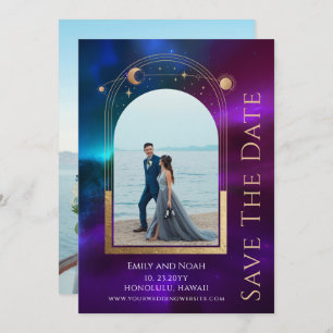 Kosmische Paarse Blauwgroen Zon Maan Sterren Ruimt Save The Date