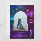 Kosmische Paarse Blauwgroen Zon Maan Sterren Ruimt Save The Date (Voorkant)