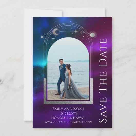 Kosmische Paarse Blauwgroen Zon Maan Sterren Ruimt Save The Date (Voorkant)