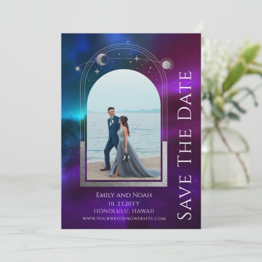 Kosmische Paarse Blauwgroen Zon Maan Sterren Ruimt Save The Date (Staand voorkant)