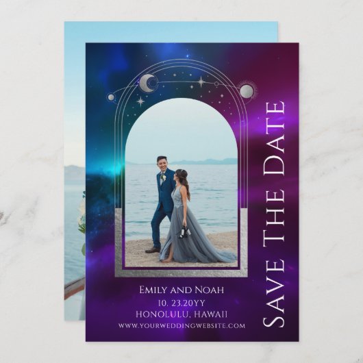 Kosmische Paarse Blauwgroen Zon Maan Sterren Ruimt Save The Date (Voorkant / Achterkant)