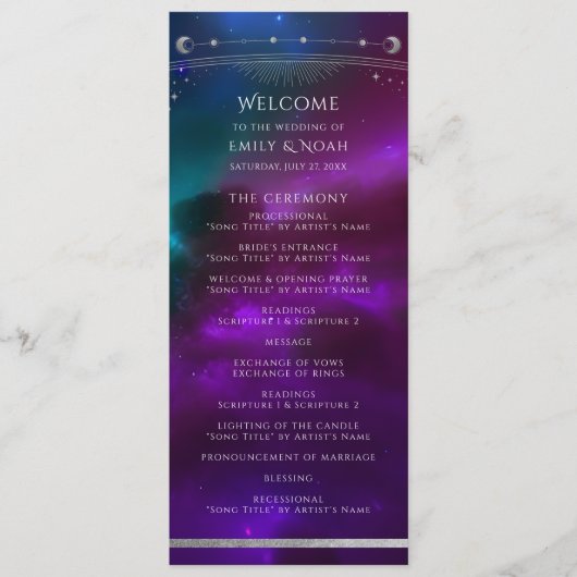 Kosmische Paarse Blauwgroen Zon Maan Sterren Weddi Programmakaart (Voorkant)