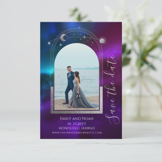 Kosmische Paarse Blauwgroen Zon Maan Sterren Weddi Save The Date (Staand voorkant)