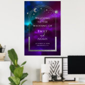 Kosmische Paarse Blauwgroen Zon Maan Sterren Welko Poster (Thuiskantoor)