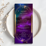 Kosmische Paarse Blauwgroen Zon Maan Wedding Menu<br><div class="desc">Kosmische Paarse Blauwgroen Gouden Zon Maan Sterren Wedding Menu Kaarten hebben een gouden zon, maan en sterren op een hemelse achtergrond met uw menu-informatie in het midden in het moderne gouden kalligrafie script. Personaliseer door de tekst in de opgegeven tekstvakken te bewerken. Ontworpen voor u door © Evco Studio www.zazzle.com/store/evcostudio...</div>