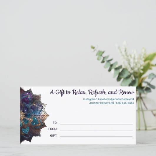 Kosmische Paarse Boho Mandala Cadeaubon (Staand voorkant)