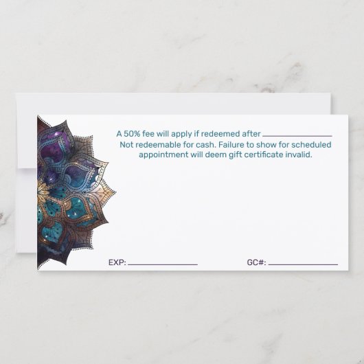 Kosmische Paarse Boho Mandala Cadeaubon (Achterkant)