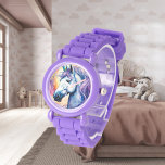 Kosmische Paarse Eenhoorn eWatch Horloge<br><div class="desc">Een  eenhoorn met een paarse manen met een regenboog kosmische achtergrond. Digitaal gemaakt in een waterverf stijl. Perfect ontwerp voor kinderen en volwassenen op vele trendy producten! Pas uw achtergrondkleur of tekst aan!</div>