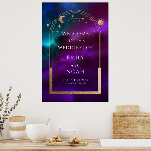 Kosmische Paarse Gouden Zon Maan Sterren Welkom Te Poster (Keuken)