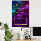 Kosmische Paarse Gouden Zon Maan Sterren Welkom Te Poster (Thuiskantoor)