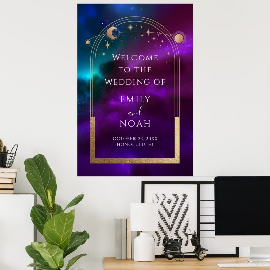 Kosmische Paarse Gouden Zon Maan Sterren Welkom Te Poster (Thuiskantoor)