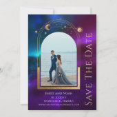 Kosmische Paarse Teal Zon Maan Sterren Ruimte Save The Date (Voorkant)