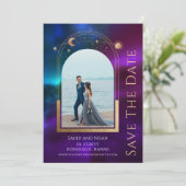 Kosmische Paarse Teal Zon Maan Sterren Ruimte Save The Date (Staand voorkant)