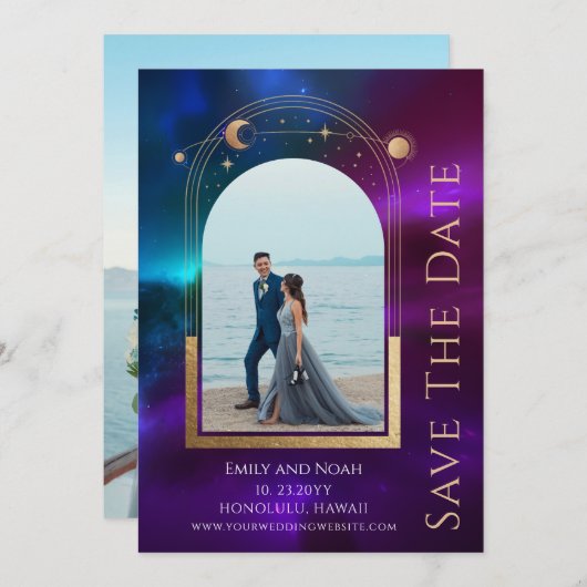 Kosmische Paarse Teal Zon Maan Sterren Ruimte Save The Date (Voorkant / Achterkant)