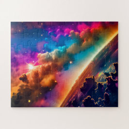 Kosmische regenboog schittert in bewolkte buitenru legpuzzel