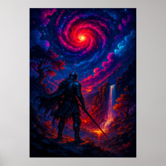 Kosmische Ridder met Zwaard onder Galaxy Sky Fanta Poster