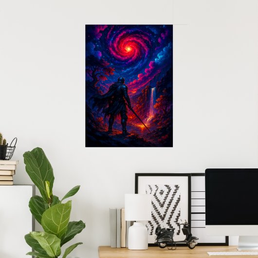 Kosmische Ridder met Zwaard onder Galaxy Sky Fanta Poster (Thuiskantoor)