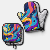 Kosmische ritmekunst ovenwant & pannenlap set (Voorkant / Achterkant)