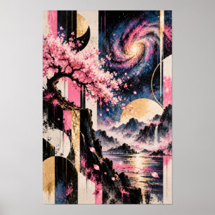 Kosmische Sakura Maan Geometrie Roze Goud Maan Kun Poster