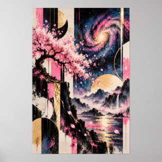 Kosmische Sakura Maan Geometrie Roze Goud Maan Kun Poster