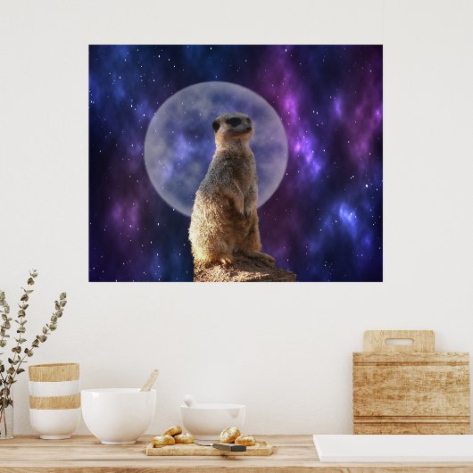Kosmische Sentinel: Meerkat onder de volle maan Poster (Keuken)
