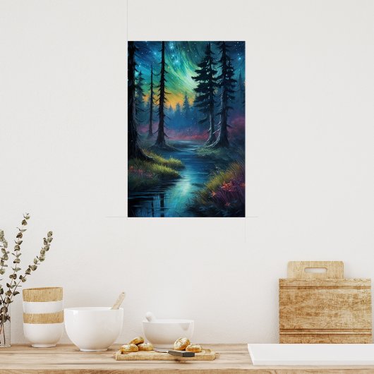 Kosmische symfonie over het weelderige oude bos poster (Keuken)