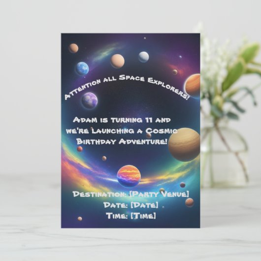 Kosmische Verjaardag Avontuur Uitnodiging (Staand voorkant)