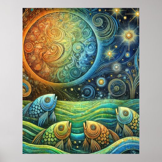 Kosmische Vissen en Hemelse Zon Levendige Oceaango Poster (Voorkant)