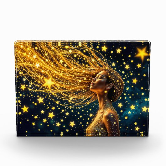 Kosmische vrouw met gloeiend sterrenachtig gouden  fotoblokken (Voorkant)