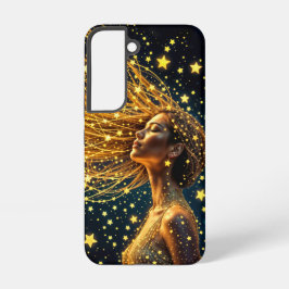 Kosmische vrouw met gloeiend sterrenachtig gouden samsung galaxy hoesje