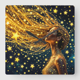 Kosmische vrouw met gloeiend sterrenachtig gouden vierkante klok